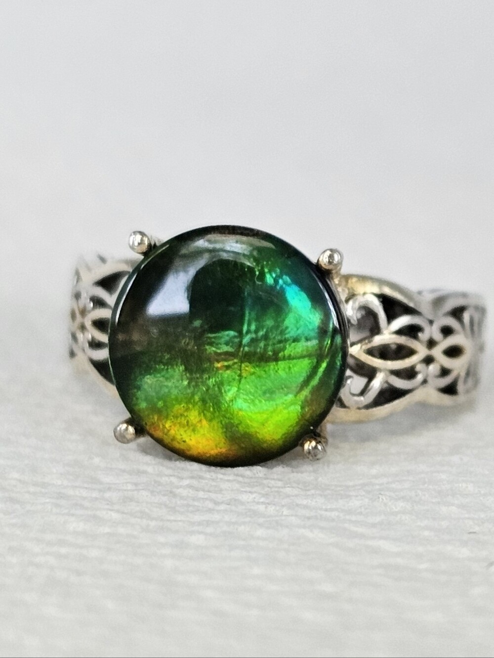Rare Natural Ammolite Ring Sterling Silver & Platinum Finish. Size 8